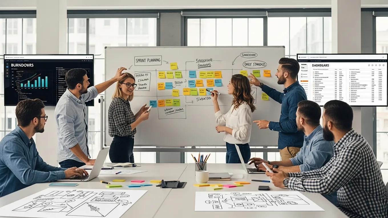 Agile team collaborating on e-commerce software development strategies