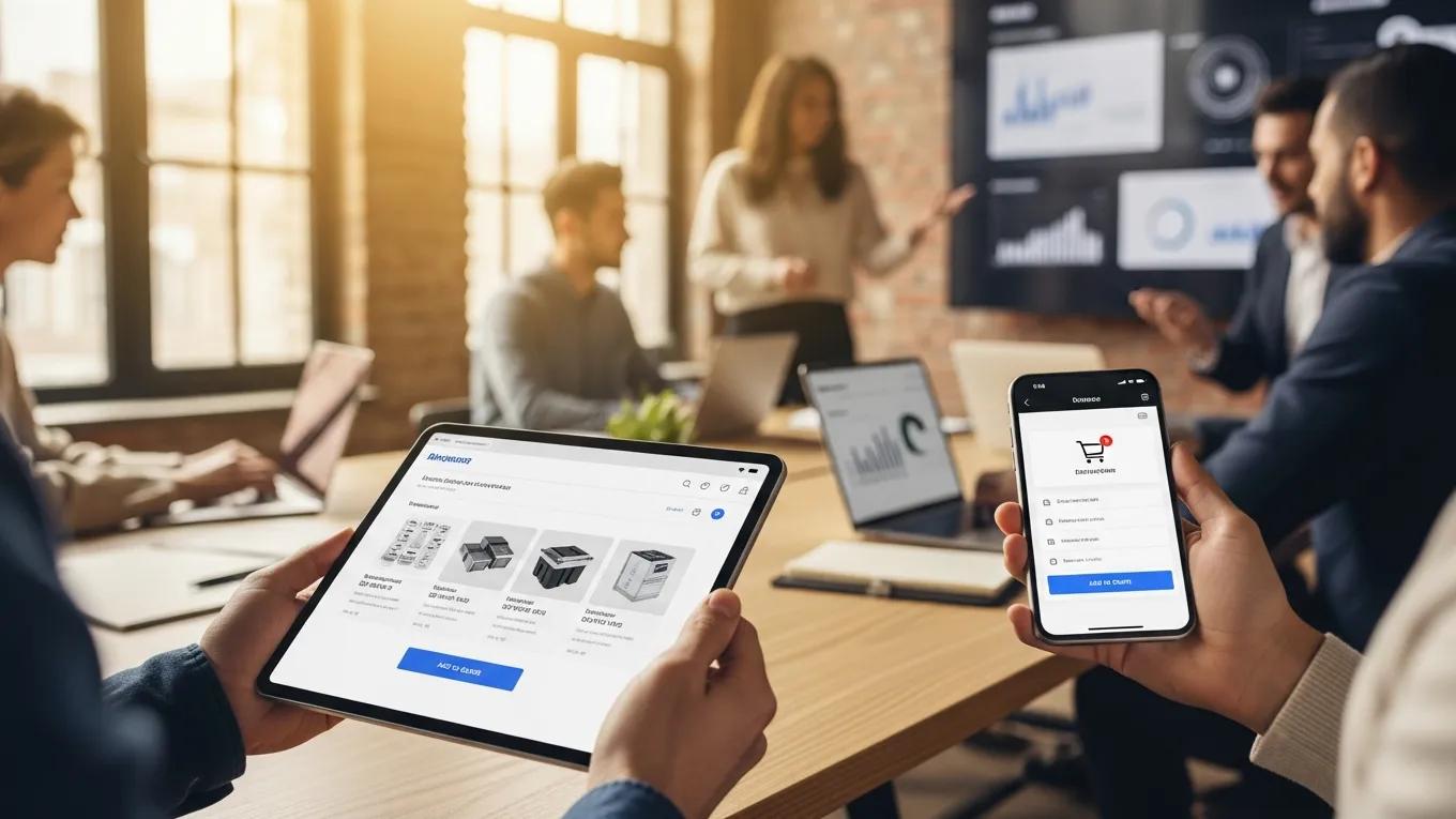 B2B buyers using mobile devices to access an ecommerce website in a collaborative office setting