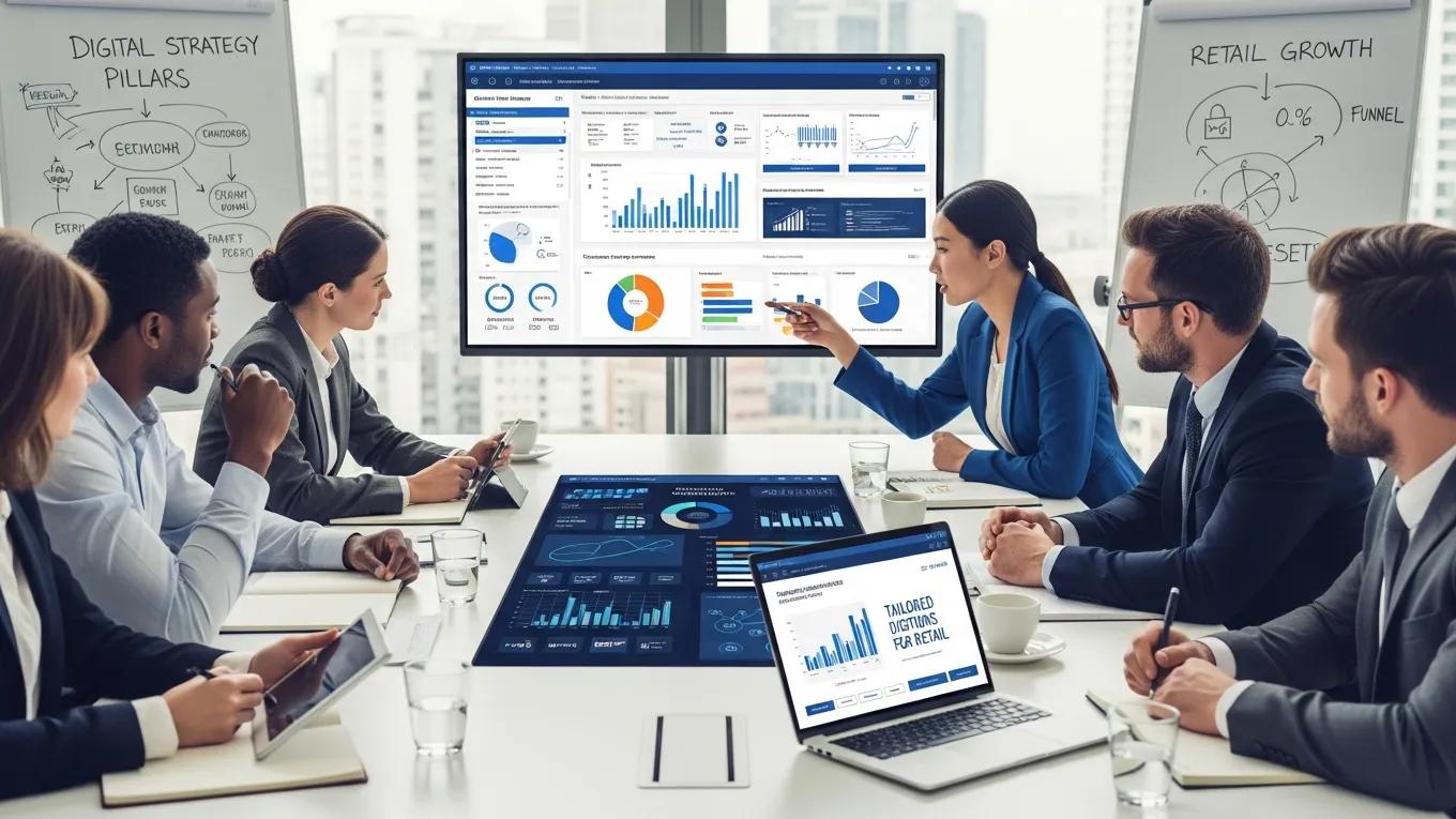 B2B professionals discussing customized digital strategy in a collaborative meeting