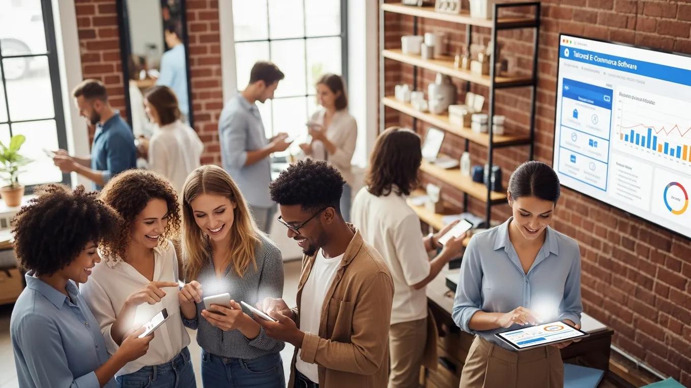 Business owner analyzing e-commerce software benefits with satisfied customers