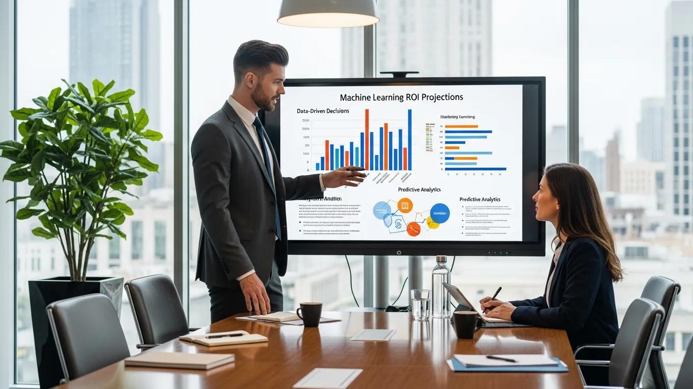 Consultant presenting machine learning ROI projections and analytics strategies to a client in a modern office setting.