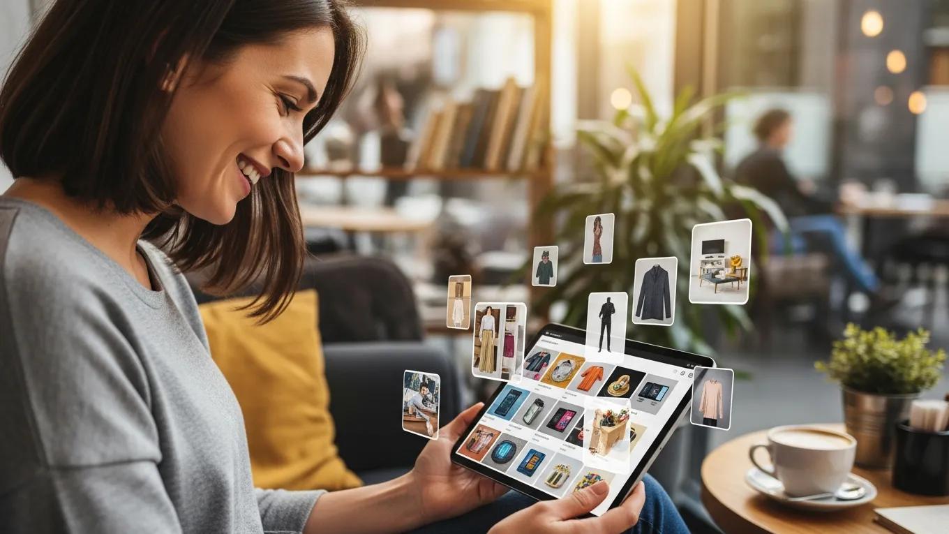 Customer enjoying a positive online shopping experience on a tablet