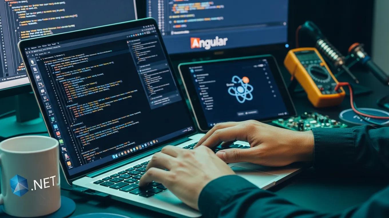 Developer coding on laptop with .NET logo, surrounded by technology stack elements including Angular and React, in a high-tech workspace.