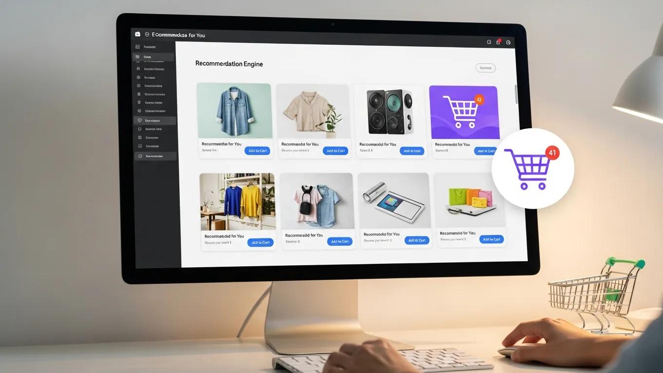 AI-driven e-commerce recommendation engine interface displaying product suggestions, shopping cart icon, and user interaction with a keyboard, highlighting strategies for implementing AI solutions in online retail.