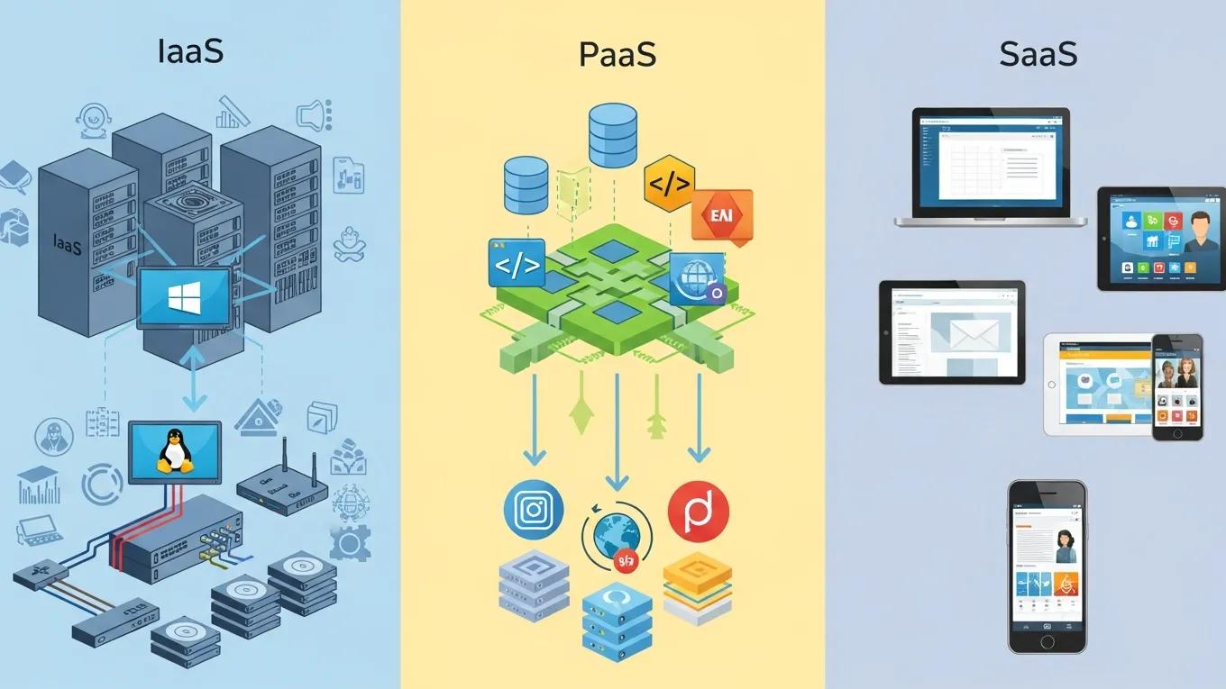 Illustration depicting IaaS, PaaS, and SaaS cloud models with distinct visual elements representing cloud computing services for e-commerce optimization and performance enhancement.
