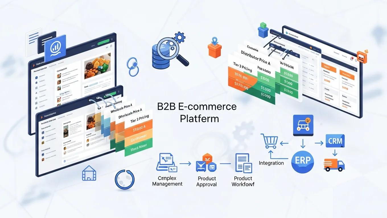 B2B e-commerce platform illustration showcasing pricing tiers, product management features, integration with ERP and CRM systems, and complex workflow processes.