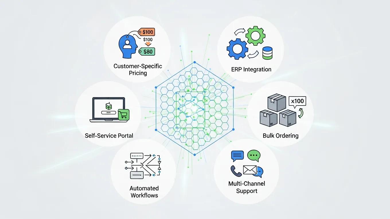 Illustration of key features of B2B ecommerce platforms including customer-specific pricing and ERP integration
