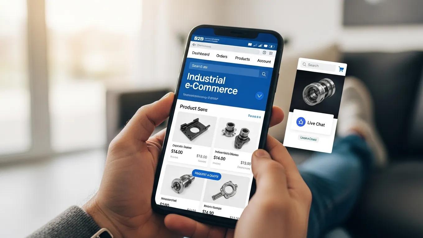 Mobile device showcasing a responsive B2B ecommerce website in a casual setting