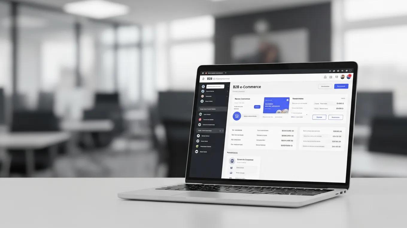 Laptop displaying the Znode B2B e-commerce platform interface in a professional office setting, showcasing features for managing online business operations.