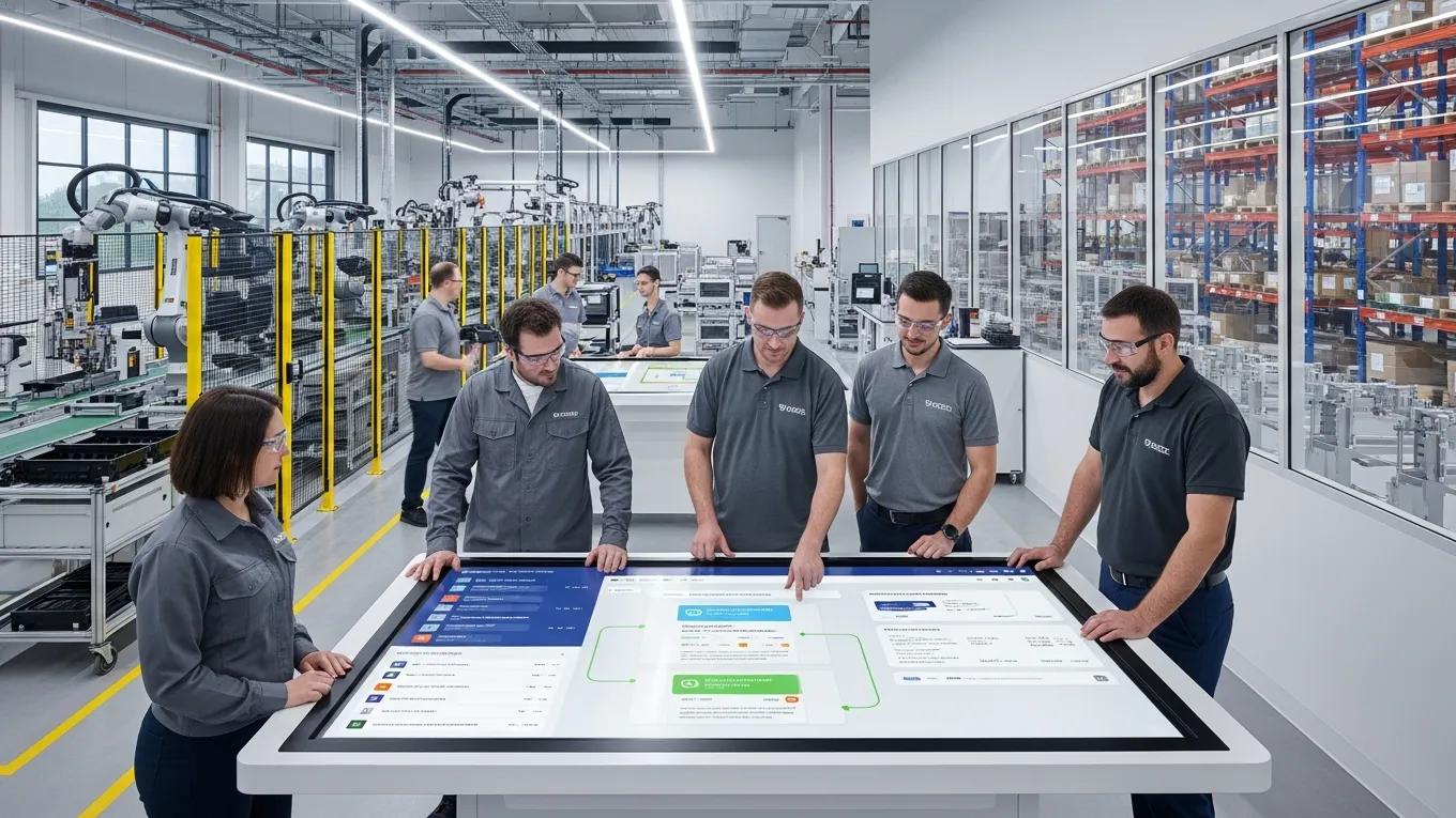 Modern manufacturing facility with professionals collaborating around a large touchscreen, illustrating ERP integration with B2B eCommerce for enhanced operational efficiency and customer experience.