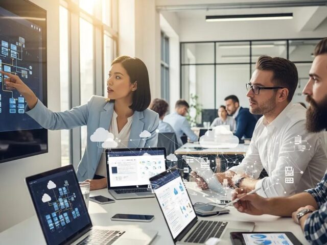 Professionals collaborating on cloud technology in a modern office, discussing strategies with laptops and a digital display showcasing cloud services and data flow.