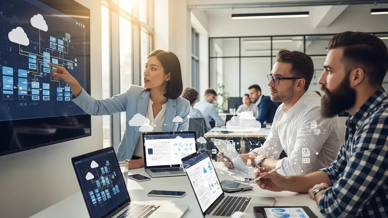 Professionals collaborating on cloud technology in a modern office, discussing cloud migration strategies, with digital diagrams and data displayed on screens and laptops.