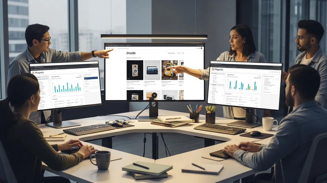 Team collaborating in a modern office, analyzing eCommerce platforms with multiple monitors displaying data analytics and product listings, emphasizing B2B digital transformation strategies.