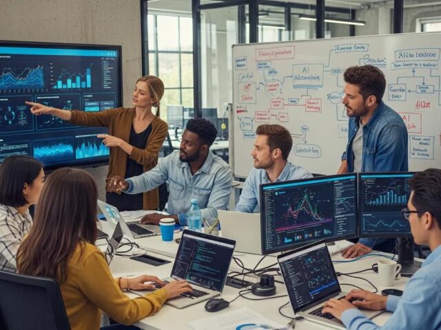 Team collaborating on AI technology solutions in a modern office, analyzing data on screens and discussing strategies for cloud services and digital solutions.