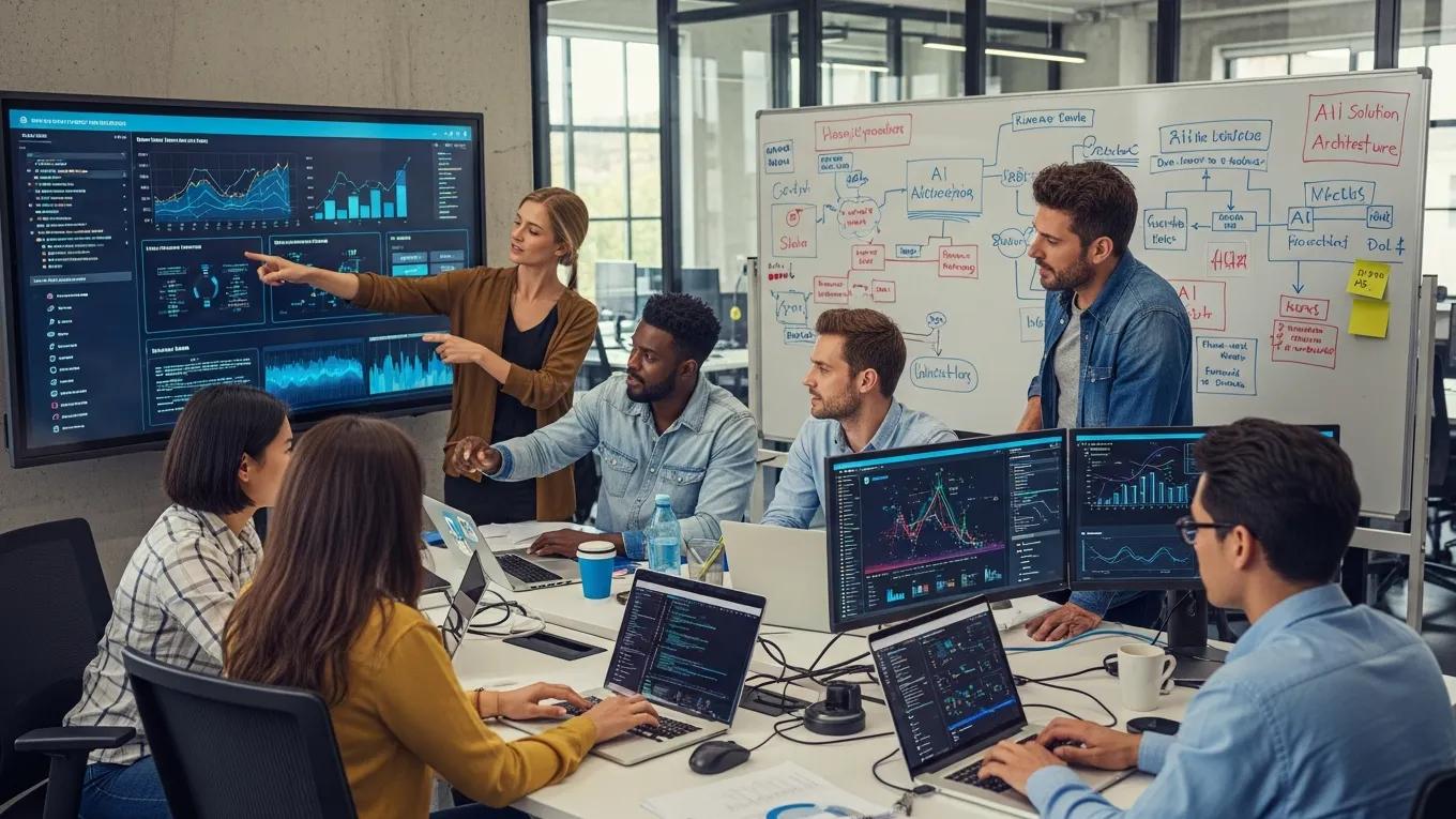 Team collaborating on AI technology solutions in a modern office, analyzing data on screens and discussing strategies for business efficiency and innovation.