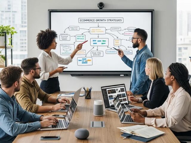 Team collaborating in a modern office, discussing e-commerce growth strategies with a digital presentation, highlighting B2B solutions and efficiency improvements.