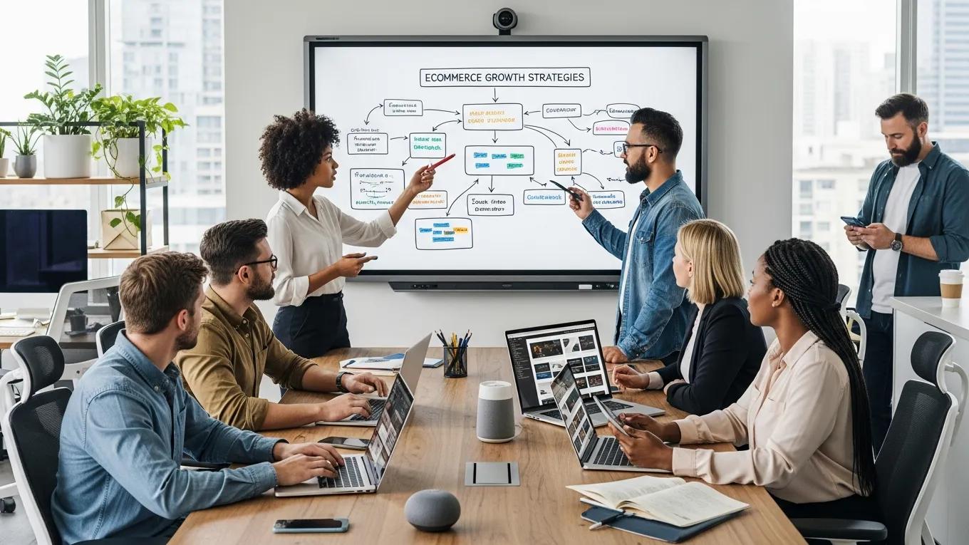Team collaborating in a modern office, discussing eCommerce growth strategies, with laptops and a presentation screen displaying strategic diagrams, emphasizing B2B eCommerce solutions.