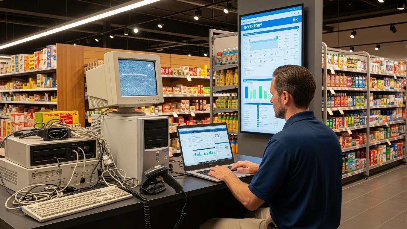 Technician modernizing legacy systems in a retail environment with new technology