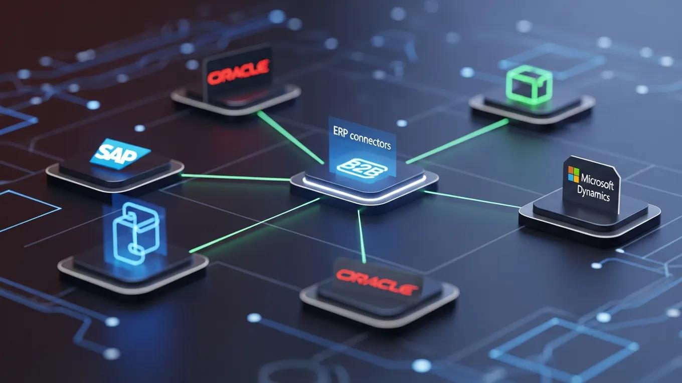 Visual representation of B2B ecommerce ERP connectors, featuring logos of SAP, Oracle, and Microsoft Dynamics, illustrating integration pathways and data flow for effective ecommerce synchronization.