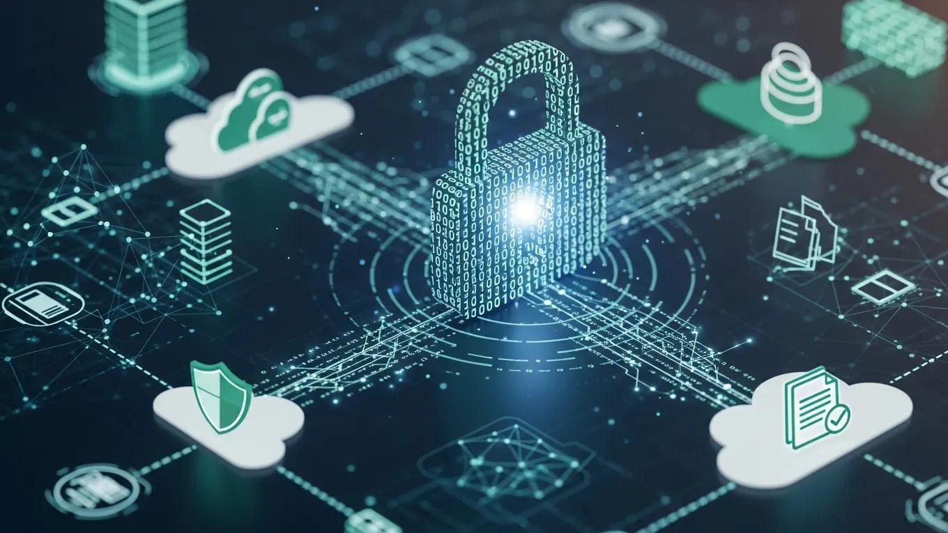 Digital lock symbolizing security measures in cloud migration, surrounded by cloud icons, data storage, and network connections, illustrating robust data protection and compliance.