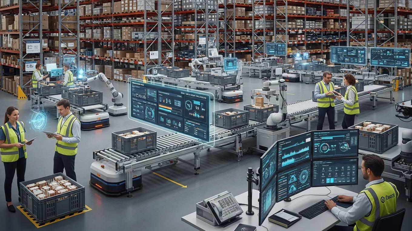 Warehouse automation with ERP integration, showcasing employees in safety vests collaborating over tablets, robotic systems managing inventory, and digital dashboards displaying real-time data for order management and operational efficiency.